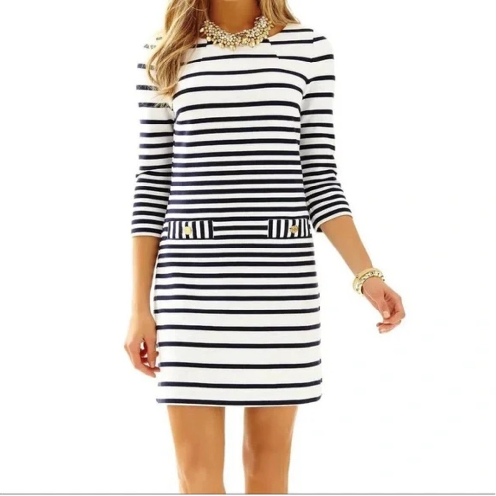 Lilly Pulitzer Charlene Knit Navy/WhiteStripe 3/4 Sleeve Shift A-Line Dress Sz M